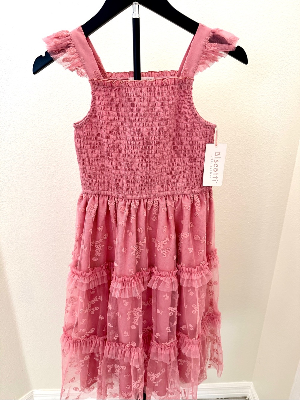 Biscotti Pink Smocked Tiered Lace Dress